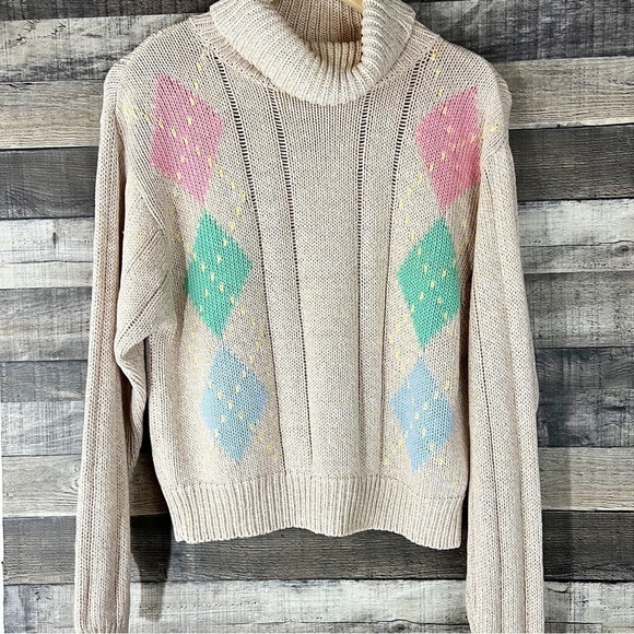Vintage Pastel Argyle Cream Mock Neck Grandmacore Cottagecore Sweater Cabincore - Picture 1 of 5